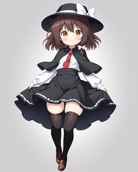 usami renko,1girl, solo, jack-o'_challenge, white_shirt, top-down_bottom-up, black_skirt, white_background, simple_background, black_headwear, fedora, black_thighhighs, long_sleeves, looking_at_viewer, black_capelet, full_body, hair_bow, hat_bow, ribbon-trimmed_skirt, white_bow, closed_mouth, blush, brown_footwear, red_necktie, frilled_skirt, ass, smile, loafers, meme
<lora:usami_renko_image1360_2023-12-20-000010:1>,star-shaped_pupils,symbol-shaped_pupils,. gorgeous,key visual, vibrant, studio anime,award-winning, professional, highly detailed,high budget, cinemascope