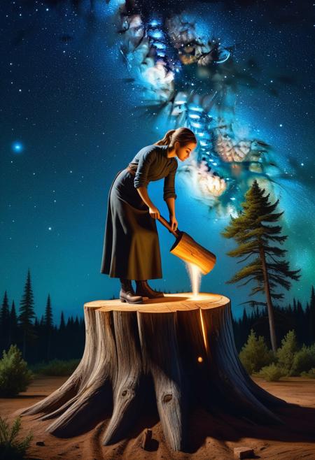 Woman Sanding On Stump Among The Stars, masterpiece, oil paint, 19th century, Unreal Engine 5 style, highly detailed, textured,