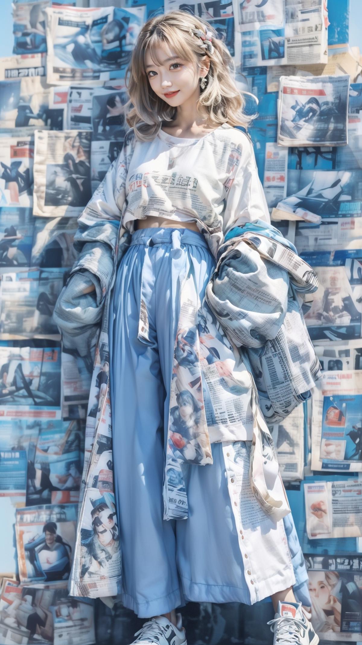 Woman wearing a long coat and blue pants standing in front of a collage of newspaper pages.