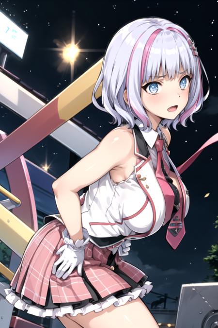 <lora:TomoKukuri-03:0.7> , tomokkr, open mouth, skirt, shirt, gloves, bare shoulders, white hair, frills, necktie, sleeveless, white gloves, miniskirt, plaid, black shirt, sleeveless shirt, leaning forward, plaid skirt, red necktie, pink skirt, pink necktie