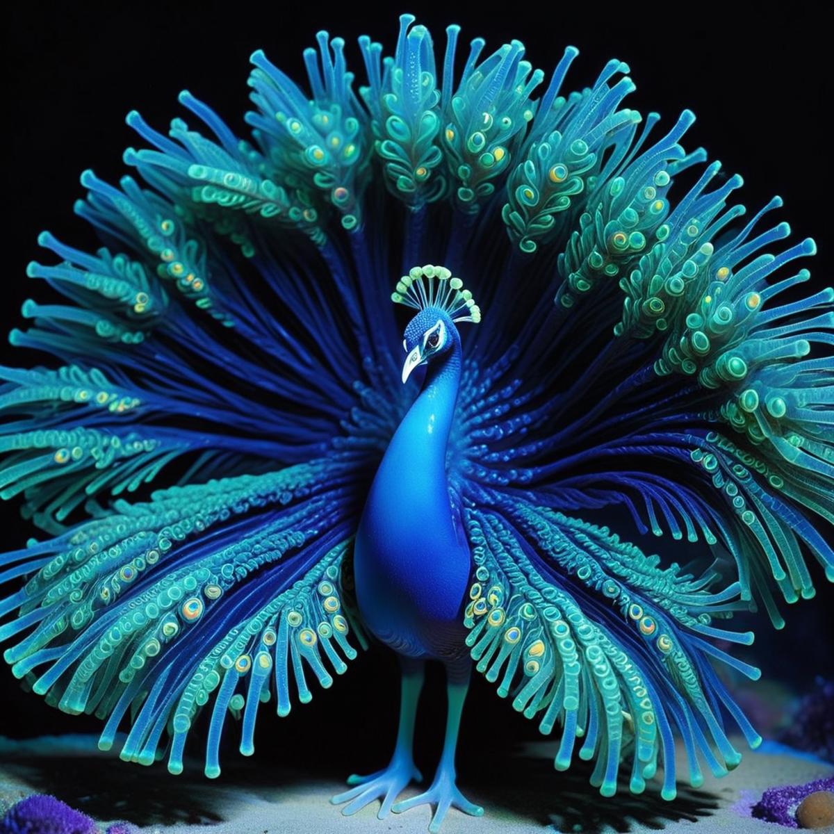 A blue peacock with blue and green feathers standing in front of a purple object.