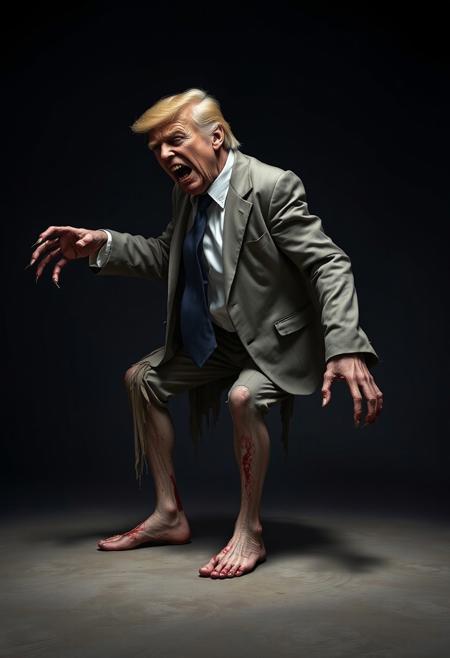 A full-body character portrait viewed from the knees up, set against a dark, shadowy background with ample negative space around the figure, illuminated by a faint, eerie backlight.
The subject is a zombie version of Donald Trump depicted in a slightly exaggerated and hyperbolized style. His tattered, bloodstained suit hangs in disarray, barely clinging to his decayed frame, while his bare feet press into the ground with unsettling realism. His grotesquely twisted posture reveals a deeply contorted spine, creating a hunched, predatory stance.
One arm stretches forward unnaturally, claw-like fingers reaching out as if grasping for something unseen, while the other dangles stiffly at his side, motionless and lifeless. His legs are bent inward, crouching low in a menacingly spring-loaded pose. His head tilts unnaturally to one side, mouth gaping in a jagged, predatory snarl, revealing crumbling, rotting teeth.
His expression is a chilling blend of confusion and mild aggression, his vacant, milky eyes staring out into the void. The gritty and raw atmosphere heightens the sense of impending danger, the dim backlight casting sharp shadows that emphasize the grotesque details of his decayed form.