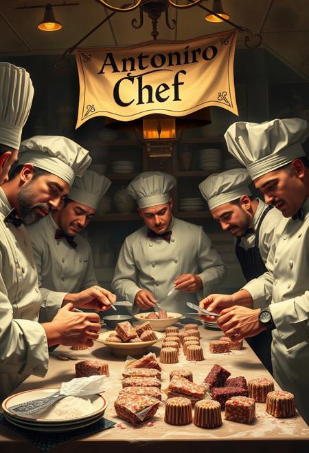 “In a high-end restaurant kitchen, a group of skilled thieves disguised as gourmet chefs work in a chaotic yet elegant environment. They expertly prepare decadent candies laced with stolen secrets and rare ingredients. The chefs whisper plans for future heists as they mold the sweets, their fingers stained with sugar and mischief. The kitchen is filled with an air of culinary mastery, but beneath it all, the thieves’ true intentions are hidden. The image includes a banner with the text ‘Antonino Sbaffavacciuolo Chef’ hanging above the kitchen.”