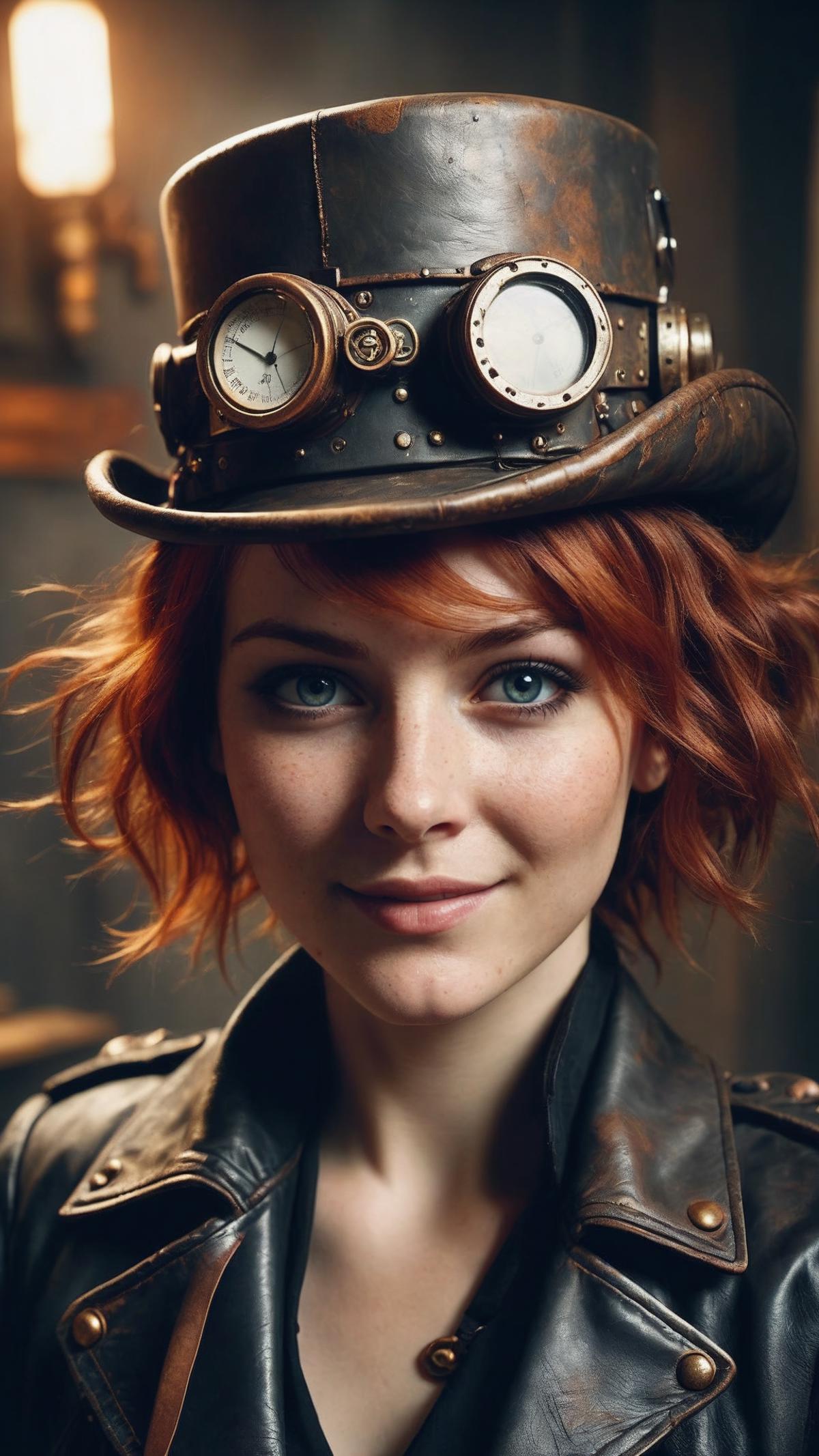 A woman wearing a steampunk hat with goggles.