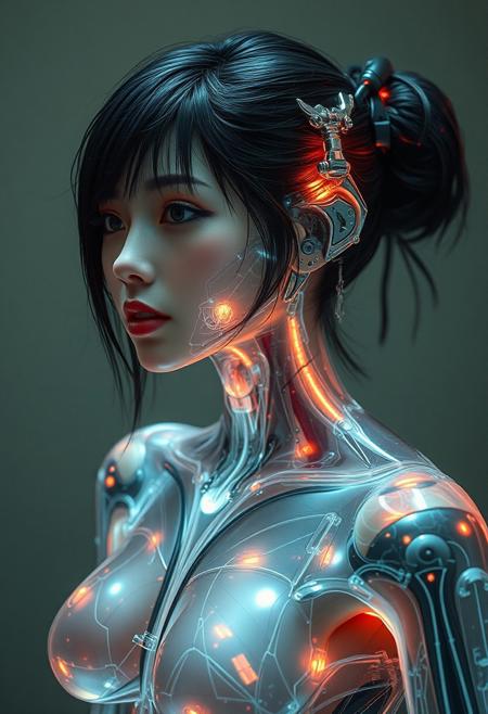 Moa Kikuchi is a cyborg female with a 500% Transparent fractured body, and torn muscles,  Jeremy Mann, Robert Oxley, . Luis Royo style artwork. Mecole,  Hologram, transparent, woman with Transparent ceramics body, mecha, internal glow, muscle tissue, nerves, gynoid, 4k, Tractography, Magali Villeneuve, transparent materials, Makoto Shinkai, Jamie Wyeth, James Gilleard, Edward Hopper, Greg Rutkowski, Studio Ghibli, Genshin Impact, whimsical charm, fantasy, samurai, mythical presence. Camera is using mobile phone camera of Nokia C3.