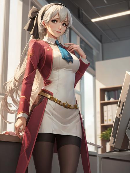 masterpiece, 4K, best quality, elie macdowell, gentle smile, hairband, hair ribbon, blue ascot, red coat, white dress, black pantyhose, white boots, whole body, standing, office <lora:elie-ver2-nv-lightbaked-v1-000014:0.9>