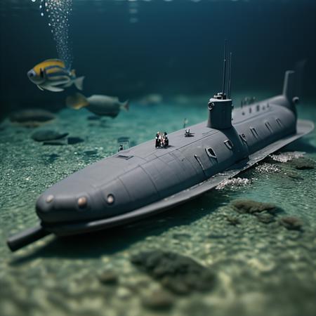 submarine in a fish tank,  <lora:tilt-shift-v1_1:1.0> tilt-shift, masterpiece, 8k