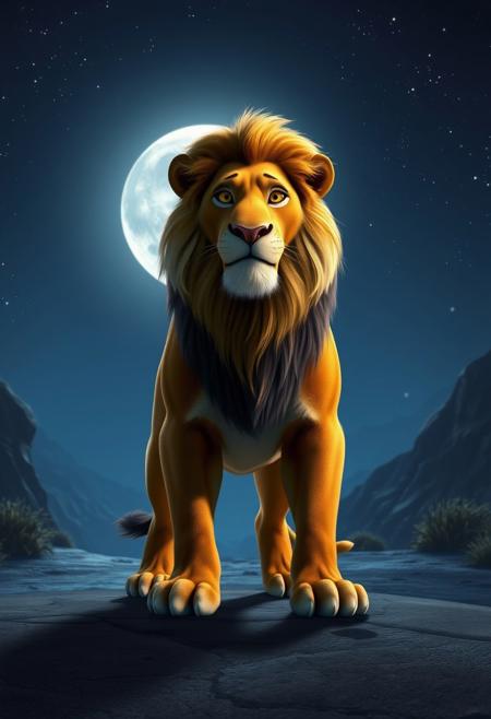 A majestic Pixar-style lion stands proudly in a moonlit night landscape. The camera frames the lion's regal pose against a serene, star-studded sky with a full moon casting a silver glow on the surrounding terrain. Soft, gentle lighting accentuates the lion's fur, while the dark shadows beneath its paws and around its eyes create depth.