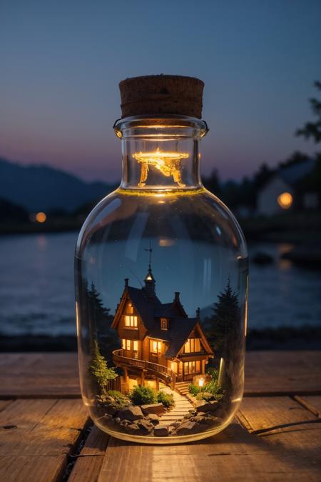 mini house, landscape, old fashion, nature, night light, nature background, a bottle, in the bottle, high detailed, masterpiece, best quality,   <lora:Bottle_Sora:0.4>, (masterpiece,best quality:1.5)