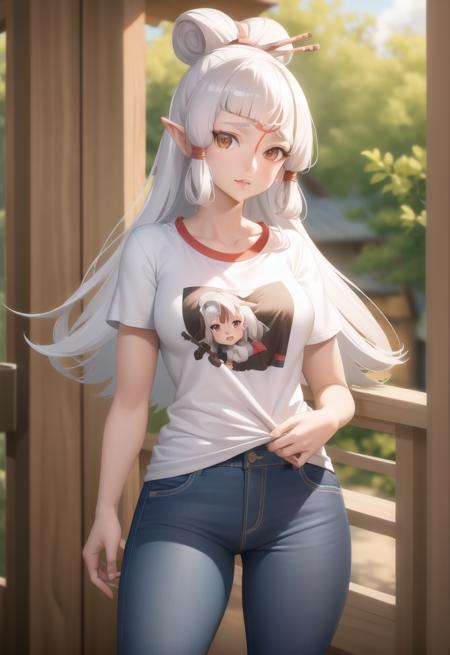 ((masterpiece)), (best quality), (detailed), 1girl, paya, <lora:paya:0.7>, long white hair, t-shirt, jeans