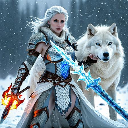 An extremely beautiful ice queen in a an intricate icy chain mail armor, holding a flaming blue plasma sword in a combat ready pose. In a cold frozen landscape with snow falling and a large white wolf at her side.