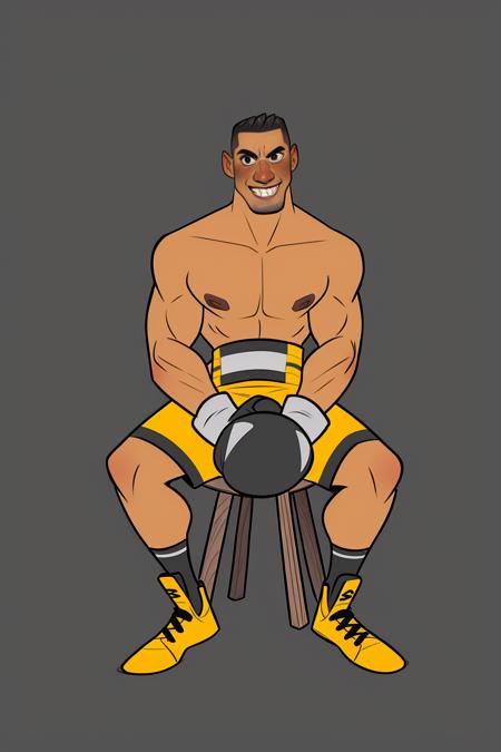 European and American cartoon characters, original character design, hand-drawn drafts, 1boy, male focus, dark skin, dark-skinned male, sitting, solo, smile, stool, simple background, topless male, white background, yellow footwear, grin, gloves, shorts, mohawk, boxing gloves, sitting backwards, chair, shoes, short hair, folding chair, full body, blush, muscular<lora:Cartoon characters-000008:1>