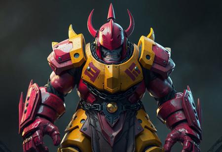 Hyperdetailed pink & yellow Garbage Ogre robot, red helmet, black chains, World Legacy in Shadow backdrop. Confident stance. Matte painting, splash ink illustration, octane render, Unreal Engine 5, Raphael style, Houdini style, dynamic action pose, grammer effect, captivating lighting, isometric, trending on Artstation, CGSociety, 16K, golden ratio.