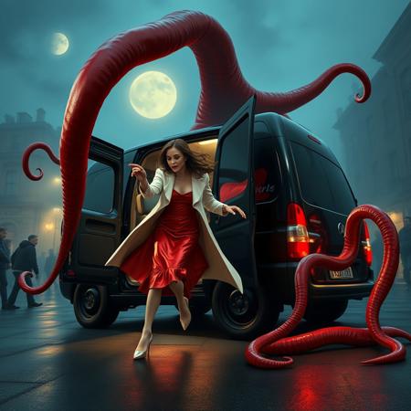 Classy rich lady in opulent glossy red dress and white coat, silver high heels  running down street chased by long slimy tentacles from the black van, one hand coiled with tentacle, ttacked by tentacles, frightened, looking back  at slime glossy red pillows awaiting under slime tentacles canopy inside black van cargo bay. Van doors wide ooen. Midnight, town square, frightened citizens, fog, moon, hirror, terror