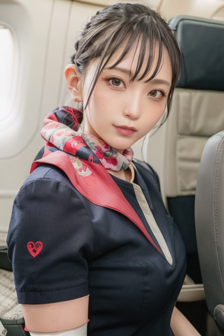 jal uniform,a woman in a uniform and red neck scarf,(RAW photo, best quality), (realistic, photo-realistic:1.4), masterpiece, an extremely delicate and beautiful, extremely detailed, 2k wallpaper, Amazing, finely detail, extremely detailed CG unity 8k wallpaper, ultra-detailed, highres, soft light, beautiful detailed girl, extremely detailed eyes and face, beautiful detailed nose, beautiful detailed eyes,inside an aeroplane interior,perfect anatomy,soft light,slender body,standing