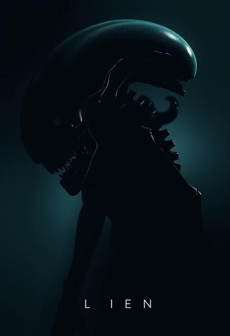Movie poster (Xenomorph Alien lurks in the darkness) . (minimalism: 1) , ray tracing details . Style by Stephen Gammell .