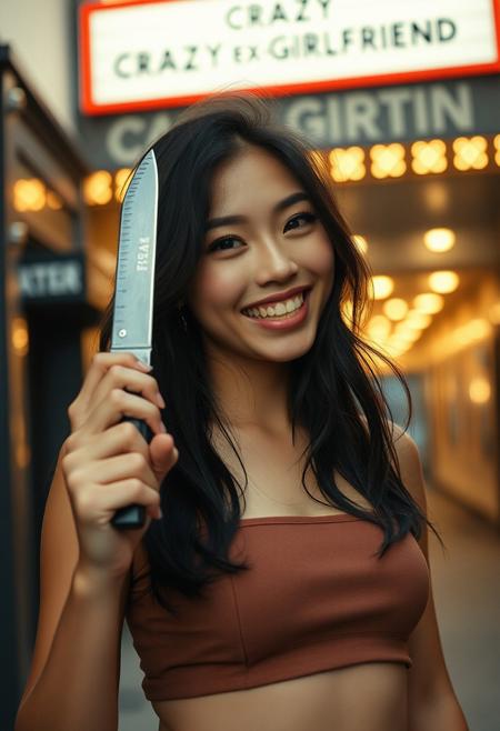 Beautiful supermodel asian woman posing for a photo in a city, natural, 3/4 body view, beautiful eyes, just a little evil, crazy ex-girlfriend, crazy hair, laughing, fire in her eyes, perfect teeth, tight crop top, holding a knife, [imperfections], 100mm f/2.8 macro lens, film grain, candid camera, color graded cinematic, 1960s vintage RAW photo, eye catchlights, catchlights in eyes, dramatic lighting, atmospheric lighting, rembrandt lighting, realistic, theater in background, (theater marquee reads text "CRAZY EX-GIRLFRIEND")