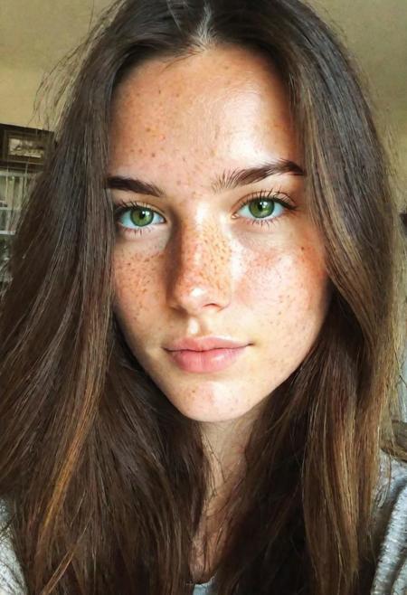 instagram selfie , a 23 year old gorgeous woman , slight smirk, detailed skin face and eyes , natural lighting , at home , long hair, low contrast, natural face , freckles , brunette hair , green eyes