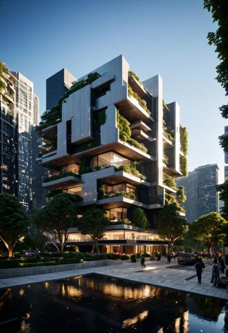 (((Modern style architecture, housing, luxury residence))),
outdoors, sky, tree, blue sky, no humans, ground vehicle, building, scenery, reflection, city, cityscape, bare tree, skyscraper, real world location,
(Large Files, Ultra Realistic, 8K, 16k, FHD, HD, VFX, Perfect, Photography, composition, Architecture Sales Photography, Architecture Competition, Ultra High Resolution, Cinematography, High Resolution Image:1.1), (dramatic lighting, direct sunlight, ray tracing, clear shadow:1.2), (real landscape:1.1), (blurred background:1.0), (urban background, more_details)  
(avant-garde, future, reality, science fiction, photorealistic), (modern architecture:1.2), White limestone with black granite, fountain, waterfall, landmark, square, path, narrow street,
(Large Files, Ultra Realistic, 8K, 16k, FHD, HD, VFX, Perfect, Photography, composition, Architecture Sales Photography, Architecture Competition, Ultra High Resolution, Cinematography, High Resolution Image:1.1), (dramatic lighting, direct sunlight, ray tracing, clear shadow:1.2),  (real landscape:1.1), (blurred background:1.0), (urban background, more_details) ,
great lighting, extremely detailed, clear, SteamPunk, futuresurban