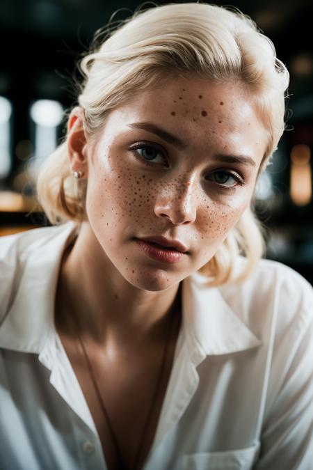 photo of (extreme closeup:1.3) portrait (albino:1.2) woman upsweep updo button shirt large freckles at a cantina sitting bar finely detailed skin, rim lighting, hard lighting, ((hasselblad photography)) (8K, 16k, uhd, dslr), (RAW photo:1.2), (best quality:1.4), (high quality:1.4), (masterpiece:1.2), (realistic:1.3), (photo-realistic:1.4), ultra-detailed, (grainy:0.4)