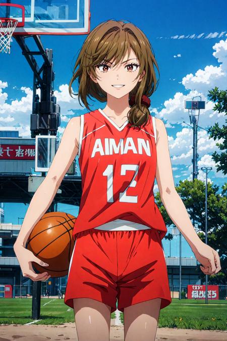 1girl, best quality, masterpiece, <lora:seoyuzuki2:1>seoyuzuki, red sportwear, solo, brown hair, shorts, brown eyes, basketball, sleeveless, , low side ponytail, , scrunchie, looking at viewer, 1girl, smile, female focus, short hair, red shorts