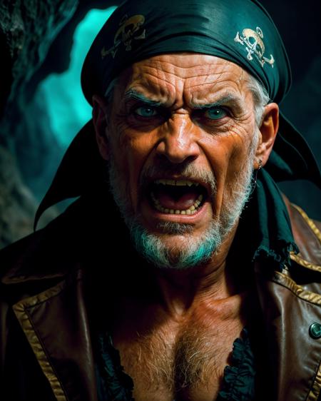 photo RAW,(18th century, close-up 3/4 portrait of a old angry evil male pirate in cave, (scream), Black orange and teal_green colors), masterpiece, award winning photography, lighting, perfect composition, high detail, hyper realistic,dramatic lighting, epic