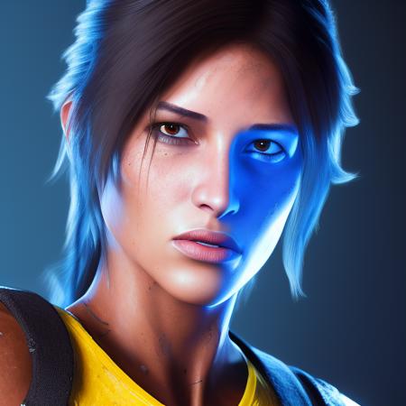 (laracroftsd) as scifi character with blackcyberpunk jacket with glowing blue details, short blue with yellow streaks hairstyle, ultra realistic digital art, highly detailed, digital painting, artstation, concept art, smooth, sharp focus, artgerm illustration, 8k, medium distance portrait pose camera shot