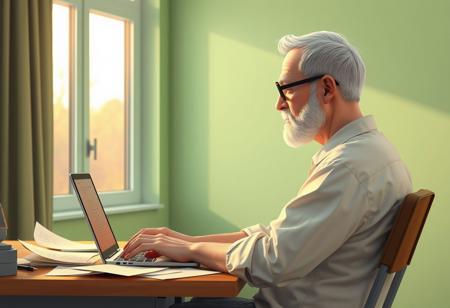 A highly detailed, semi-realistic 3D digital illustration, side view of a writer, sitting at his desk, typing on his laptop. The desk is positioned with its side towards the window. The desk is cluttered with scattered sheets of paper and a sleek laptop, illuminated by the soft, warm glow of the golden hour at dusk. The writer's short white hair is combed back from his forehead, revealing a slightly receding hairline. A neatly groomed white beard, sideburns, and mustache frame his chiseled, narrow face with a strong jawline and prominent cheekbones. Thick, arched eyebrows sit above round, black-framed glasses on his sharp, narrow nose. His pale, healthy skin shows fine lines that reflect his experiences, with a slight rosiness in his cheeks. He wears a cozy, informal white shirt. He's chair looks foldable with a brown leather back.  The room is painted a calming light green, its walls bathed in the gentle, diffused light filtering through the window. The smooth, precise lines and clean shading emphasize the texture of the wooden desk and the subtle creases in the papers, creating a serene and focused atmosphere. The scene captures a moment of quiet productivity, blending natural light with the cozy interior setting.
Hide