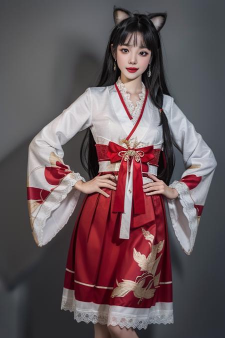 ultra-detailed,highly detailed,best quality,masterpiece,illustration,realistic,
hutao, 1girl, black hair, long hair, solo, korean clothes, hands on hips, hanbok, realistic, ribbon, jewelry, smile, long sleeves, looking at viewer, standing, skirt, grey background, black eyes, dress, simple background, flower, brown eyes, earrings, cosplay, traditional clothes, red ribbon, chinese clothes, red skirt, bow, closed mouth, lips, animal print, wide sleeves, bangs, signature, feet out of frame, tdnm,
 <lora:hutao_tdnm_v2_03:0.6>