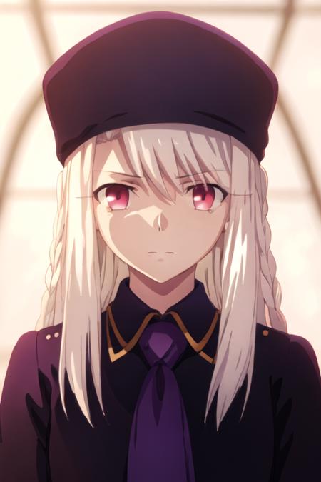 best quality, masterpiece, highres, solo, {illyasviel_von_einzbern_fatestaynightufotable:1.15}, long_hair, white_hair, red_eyes, bangs, hair_between_eyes, 1girl, closed_mouth, parody, portrait, purple_shirt, shirt, anime_coloring, necktie