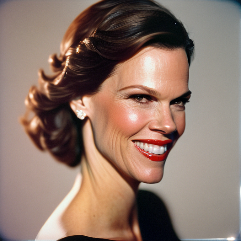 A close up glamour photograph of (Hilary Swank)  smiling for the camera studio lighting gradient background clear face pal...