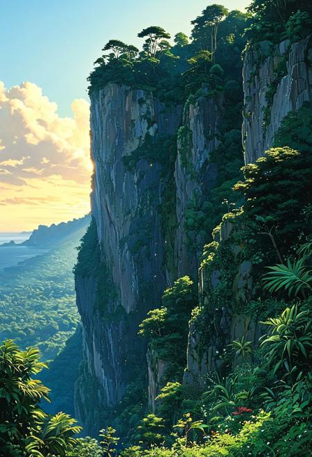 (studio ghibli painting),best quality, masterpiece, extremely detailed,  professional  art,  professional painting, an extremely delicate and beautiful, dynamic,  great lighting, perfect shading, professional shading, depth of field,   side soft light, elegant, gorgeous, highly detailed,   full shot, uncropped,   pure genious, absolutely perfect,  highly detailed, breathtaking,  a gigantic and sheer cliff is towering over an dense and vibrant jungle, there is a base build into the cliff