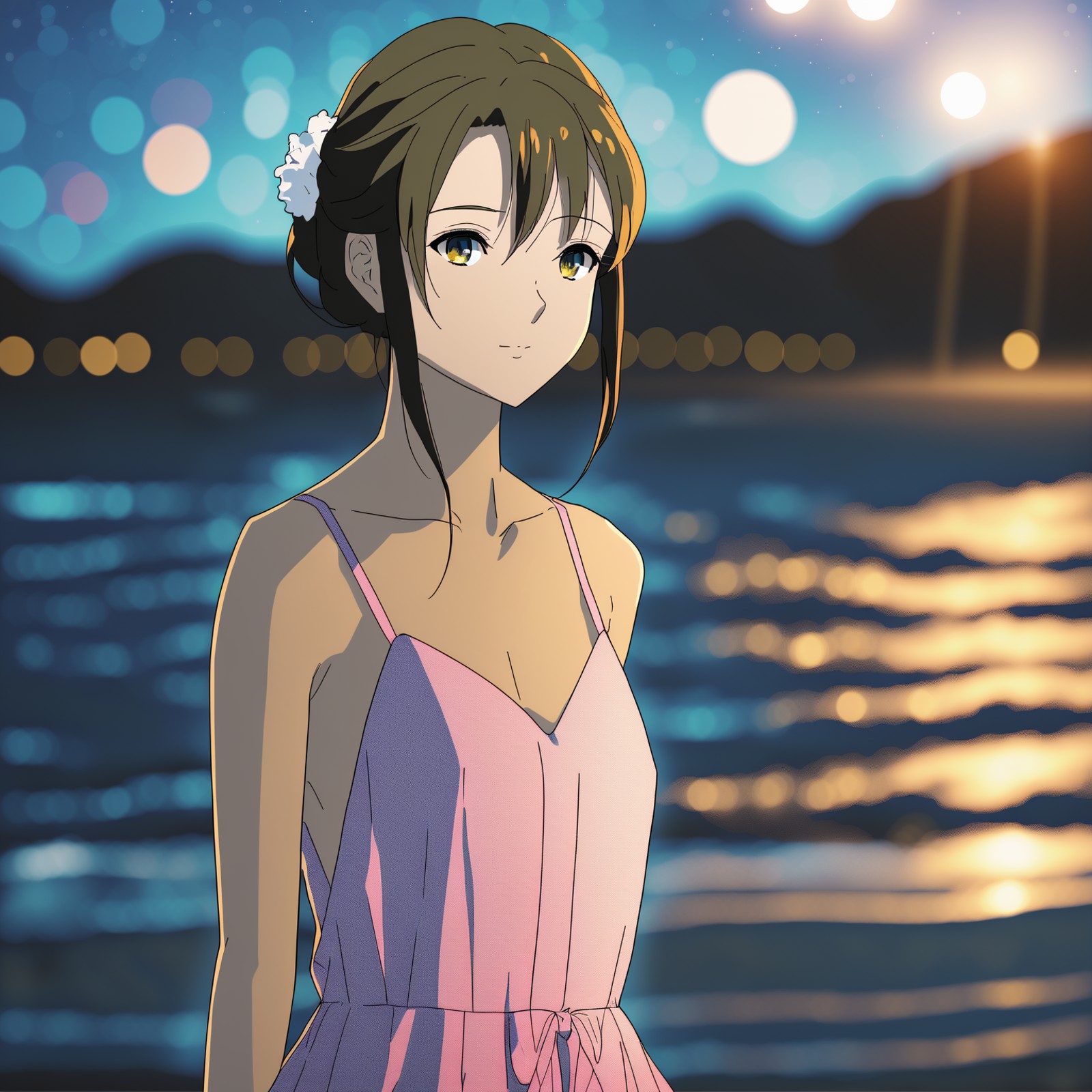 A anime screenshot of a girl wearing sundress on a beach at night. Looking at viewer, beautiful detailed eyes, bokeh, dept...