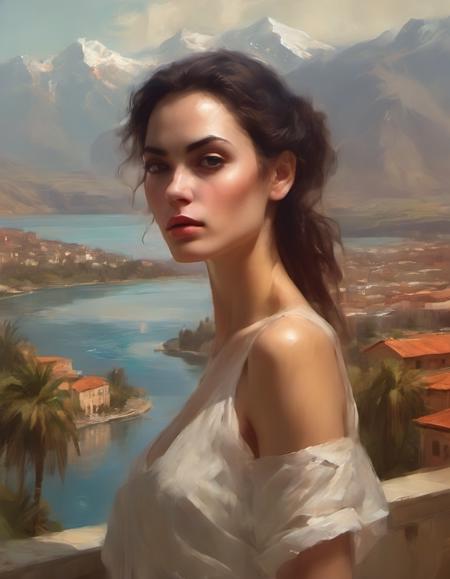 closeup portrait of a beautiful model in an exotic city with distant lake and mountains