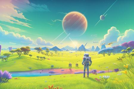 an astronaut standing in a lush field, nomanssky style wallpaper, high resolution 4K concept art beautiful masterpiece