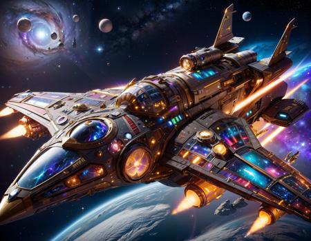 (WizardCoreAI) { spaceship in space, stars }, sparkly, vibrant colors, 
(amazing, Ultra Realistic, trending on artstation, exaggerated, detailed   
 background:1.1)                               