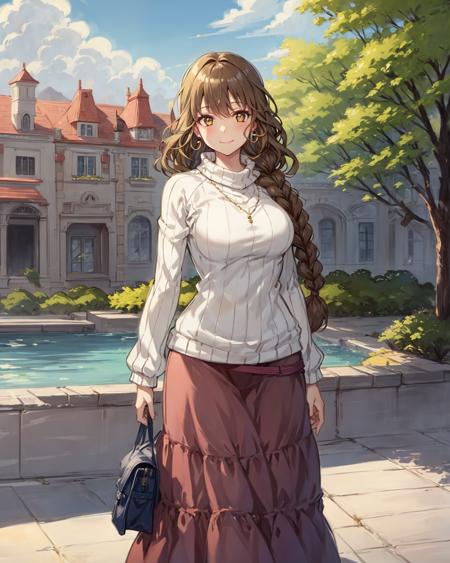 best quality, (masterpiece:1.2), illustration, absurdres,
(1girl, solo), (beautiful detailed girl),
<lora:Cecile-08:0.8>, Cecile Neues, light_brown hair, long hair, single braid, hair over one shoulder, brown eyes, large breasts, pearl earrings,
white sweater, long skirt, lavender skirt, sandals,
gentle smile, looking at viewer, cowboy shot,,
city marketplace, fountain, buildings, trees, day, sky, clouds, sun,
ojou-sama pose