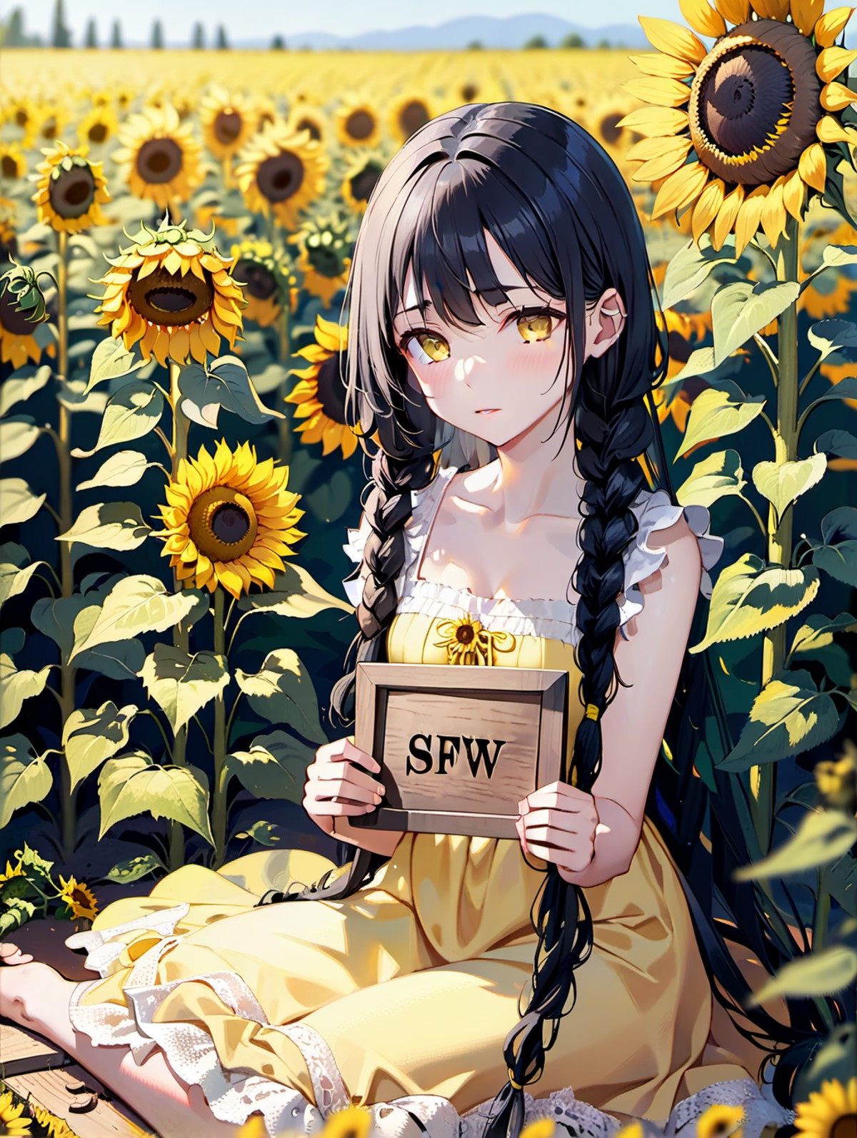 A young girl with long black hair in braids sitting pensively in a sunny flower field of yellow sunflowers. She is wearing...