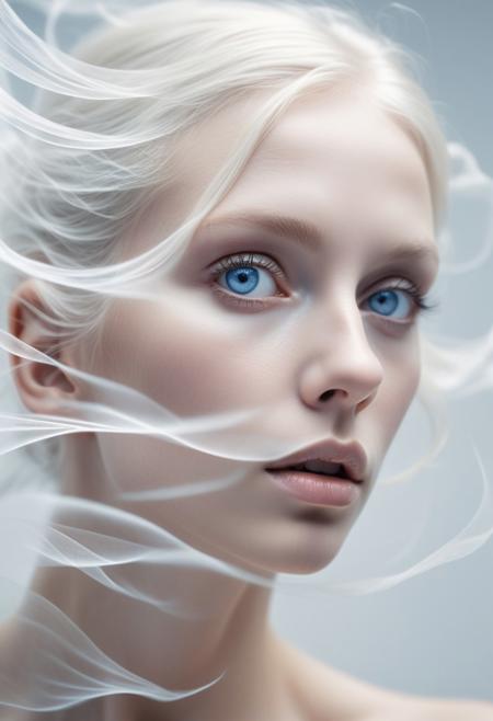 close-up, surreal, ethereal, woman portrait, the swirling white void hiding her face, angelic, luminous skin, white background, large blue eyes, crystal clear eyes, soft glow, otherworldly wisdom, calm, long lashes, porcelain skin, high cheekbones, straight nose, full lips, subtle expression, serenity, strength, platinum white hair, floating hair, wispy strands, white ashes, diffused light, no shadows, minimalistic aesthetic, timeless, purity, perfection, dreamlike quality, introspective, awe-inspiring, mystical atmosphere, angelic presence, otherworldly, analog film, film grain, kodachrome, intricate details, insanely detailed, natural lighting, 8k, hdr, masterpiece, award winning photography, Fine art photography style, film photography style