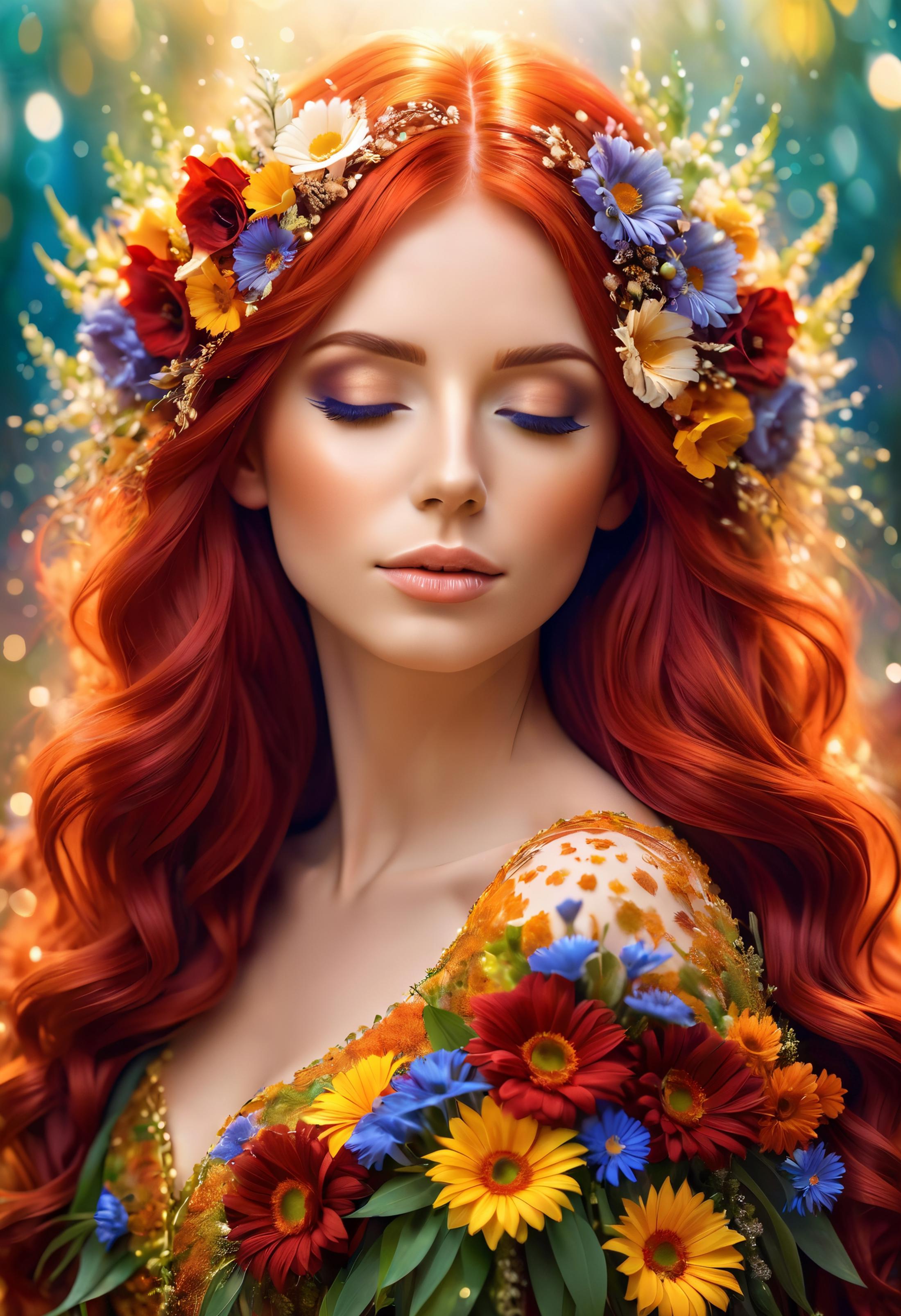 A beautiful red-haired woman wearing a flowered crown and looking down.