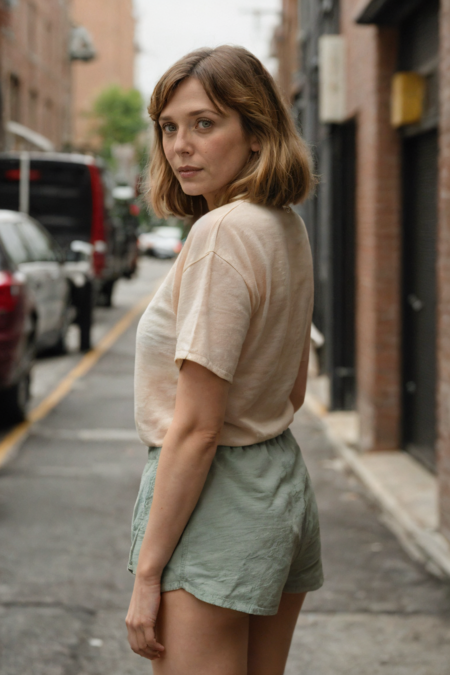 1girl, a woman in a tucked-in shirt and shorts posing for a photoshoot, alleyway backdrop, from behind, look back
 <lora:eo89_us_lora_v01:1> eo89