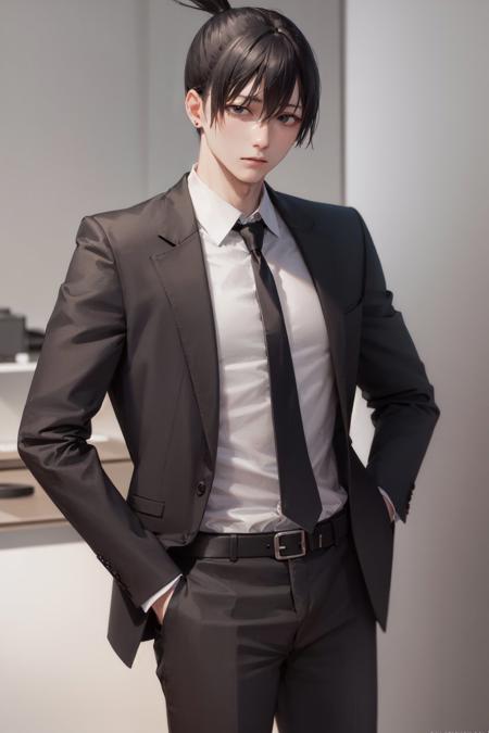 (masterpiece, best quality:1.2), <lora:csm_hayakawa-14:1>, cowboy shot, solo, male focus, 1boy, hayakawa aki, expressionless, closed mouth, topknot, formal, jacket, collared shirt, black necktie, black pants