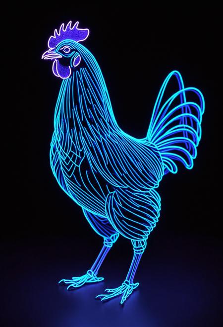 wireframe of a neon chicken is walking across a black background with blue and purple lights on it's face and tail, artist, neon lighting, a hologram, holography