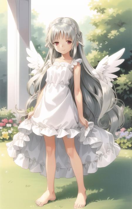 IMJeanne, 1girl, silver hair, red eyes, long hair, bangs, light smile, garden, colorful garden, white dress, simple dress, barefoot, sleeveless, (angel wings), <lora:IMJeanneV1:0.7>