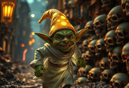 score_9, score_8_up, score_7_up, masterpiece, slimes_skullwm, csr style, (close-up, goblin, green, happy face, yellow glowing wizzard hat, white glowing robe, running,) on a street made of skulls, dim red glowing, hyper detailed, apocalyptic city made of skulls, rusty, warm street lights. low angle shot, shallow depth of field, dslr, 8k, uhd, hdr, sfw, scinematic lighting,