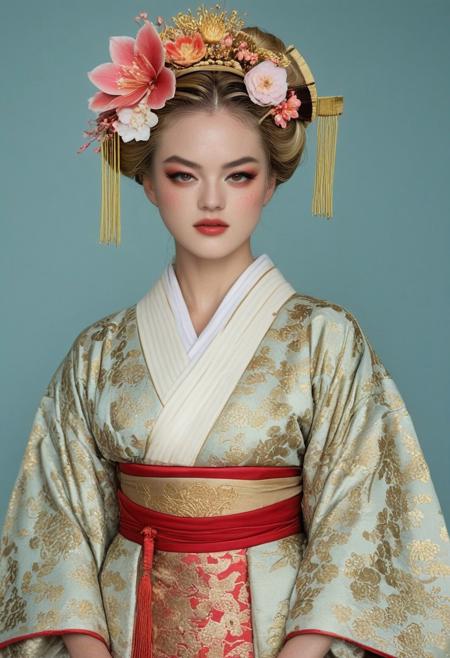 swiss model Julie ordon dressed and make up like a 18th century japanese geisha