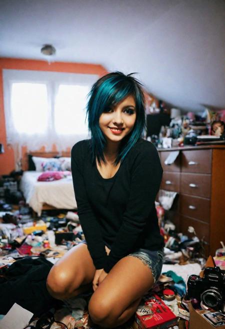 There is a professional photo of a cute sexy girl sitting in a messy room,in a bedroom,messy room,in a room,inside a messy room,in my bedroom,in her room,in an attic,chaotic bedroom,sitting in her room,messy bedroom,cluttered room,ghostly girl bedroom,in small room,dirty room,cluttered,a room,happy vibrant colors,emo style girl,erotic masterpiece,GREATEST DOF f/22,dslr,ultra quality,sharp focus,tack sharp,film grain,Fujifilm XT3,crystal clear,8K UHD,highly detailed glossy eyes,high detailed skin,skin pores,smooth skin,REALISTIC BACKGROUND,slim physique,very close-up,selfie photo,