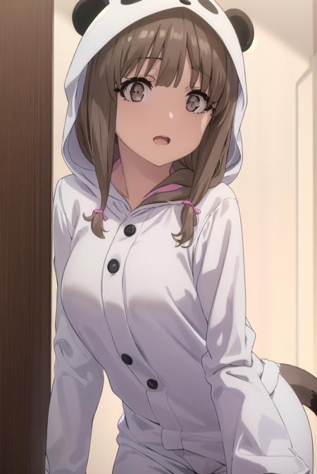 kaedeazusagawa, <lora:kaede azusagawa s1-lora-nochekaiser:1>,
kaede azusagawa, long hair, bangs, brown hair, (brown eyes:1.5), smile, open mouth,
BREAK animal ears, tail, hood, pajamas, animal hood, animal costume, panda ears,
BREAK indoors,
BREAK looking at viewer, (cowboy shot:1.5),
BREAK <lyco:GoodHands-beta2:1>, (masterpiece:1.2), best quality, high resolution, unity 8k wallpaper, (illustration:0.8), (beautiful detailed eyes:1.6), extremely detailed face, perfect lighting, extremely detailed CG, (perfect hands, perfect anatomy),