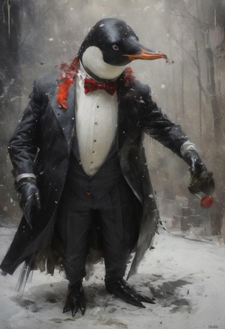 The Penguin from DC comics, masterful painting in the style of Anders Zorn | Marco Mazzoni | Yuri Ivanovich Pimenov, oil on canvas