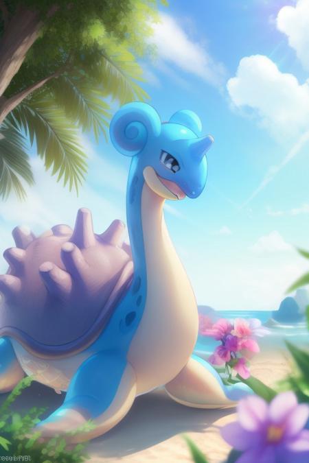 A happy cute, LaprasXL, Lapras, Pokémon, looking to the side, portrait, (solo:1.3), (wearing cool black shutter shades:1.3) head focus, in a lush beach, surrounded by colourful flowers and vibrant plants, with a clear blue sky overhead. Adorable, heart warming, nature, cheerful, detailed, bright colours, friendly expression, shiny, eco-friendly, environmental, (good anatomy), summertime, sunlight, shadows, digital art, whimsical, playful, intricate details, high resolution, photorealistic, joyful, gentle, soft lighting, charming, outdoor setting, cartoonish style, enchanting, vivid, appealing, character design, imaginative, family-friendly, [photography, realistic, photorealistic, (8k), (highly detailed), cinematic lighting, intricate details, (high resolution), award-winning,   correct focus, realistic, realistic lighting, (highly detailed),  masterpiece], ((Cinematic Still-Shot))